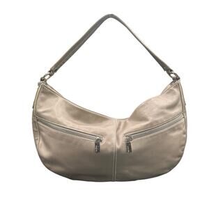Vintage Perlina Leather gray Beige taupe Hobo Shoulder Bag crescent bag